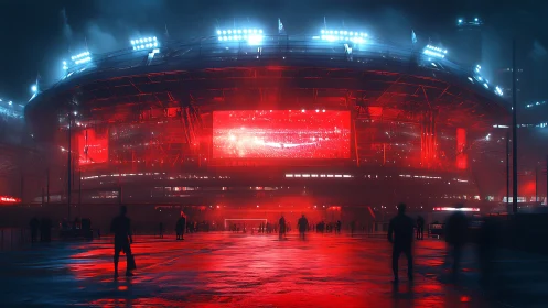 Futuristic stadium facade glowing red in rainy nightscape.