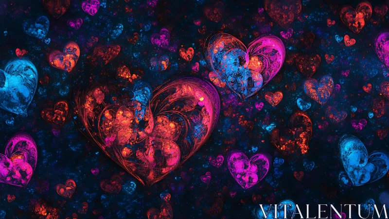 Neon Hearts Floating: Bioluminescent Digital Art with Radiant Glowing Hearts