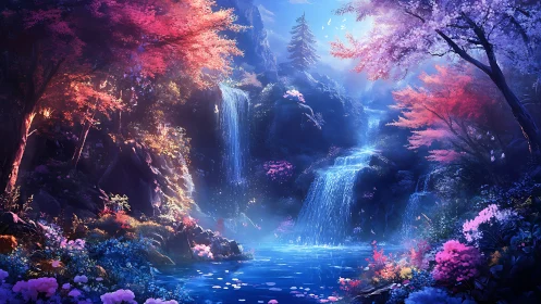 Enchanted forest waterfall under vivid twilight light.