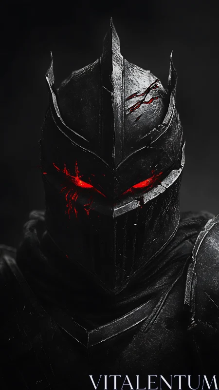 Burnished black knight helm with glowing red infernal fissures