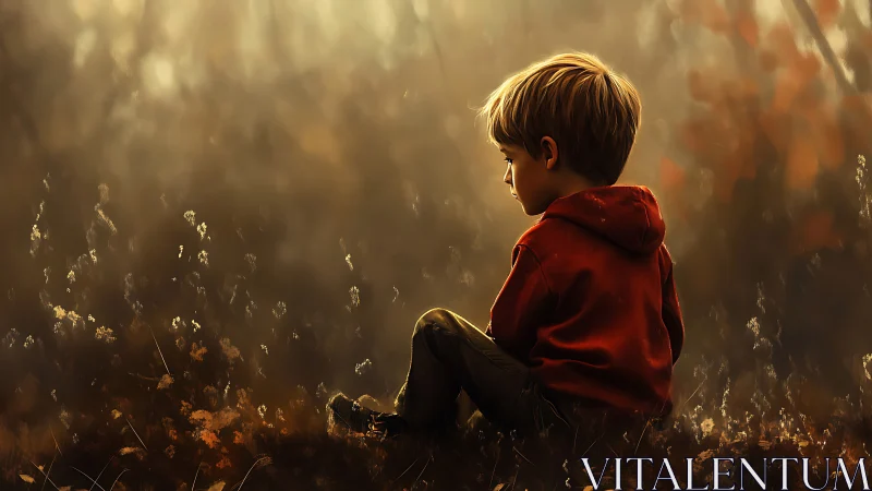 Solitary child in autumn field under warm golden light.
