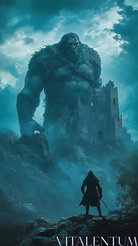 Colossal stone giant confronting lone warrior in teal fog.