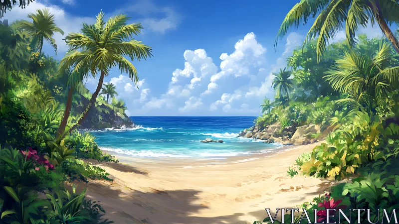 Tropical Beach Cove with Lush Palms and Turquoise Lagoon.