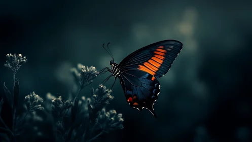 Nocturnal macro profile of orange-striped butterfly in flight.