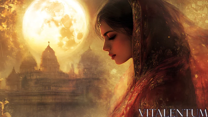 Side profile of veiled woman before illuminated temple skyline