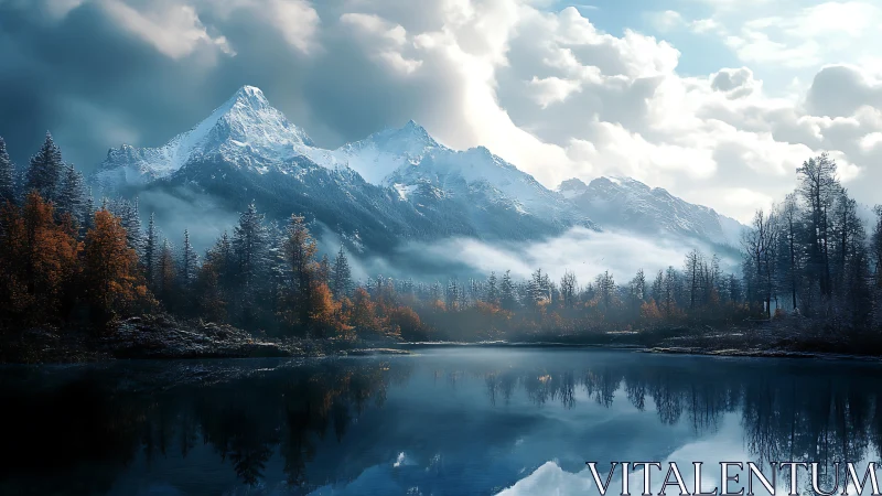 Snow-covered mountain range above calm reflective lake.