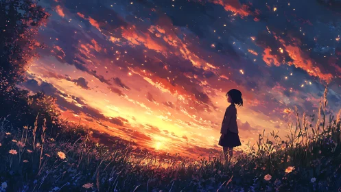 Girl standing in wildflower field under vivid sunset sky.