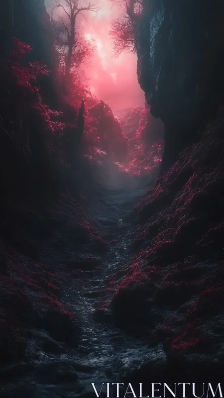 Narrow ravine with pink mist and glowing foliage at dusk.