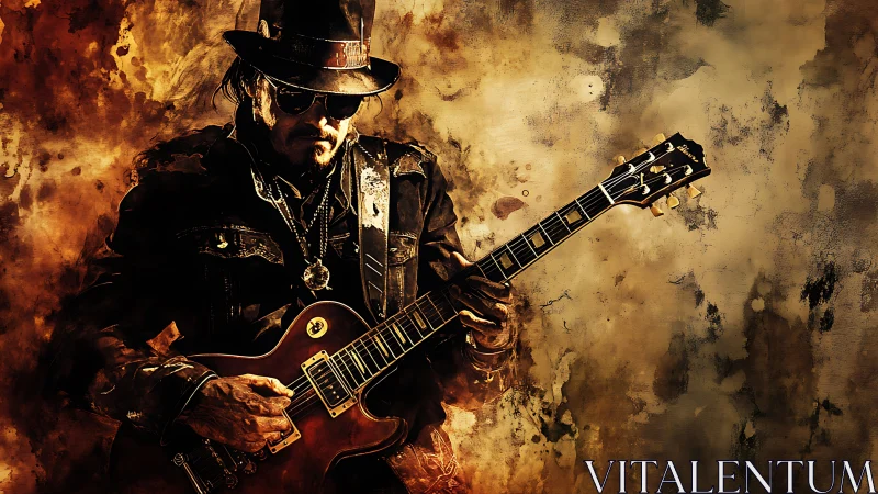 Guitarist in dark clothing against textured brown backdrop.