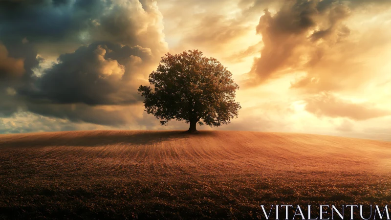 Golden evening tree rests quietly beneath glowing skies