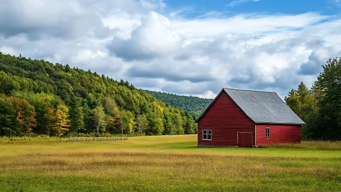 Cozy red barn resting quietly in a wide green country meadow.
