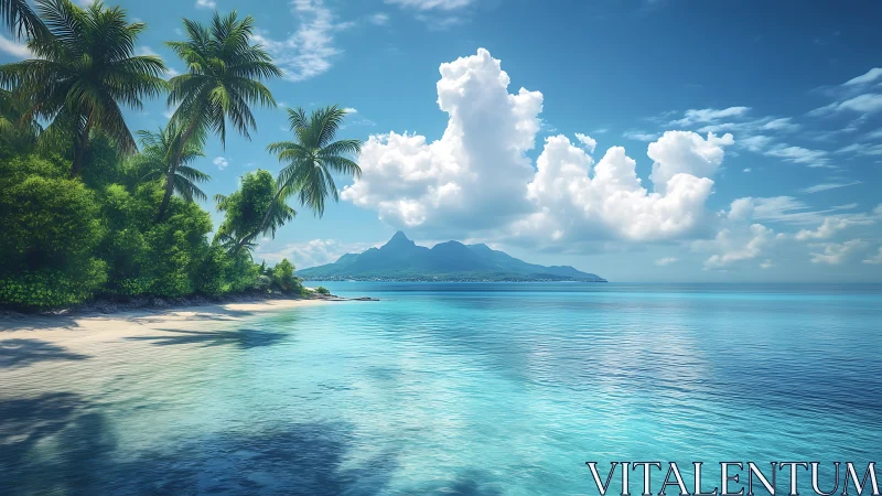 Tropical Island Paradise with Volcanic Peak and Azure Waters.