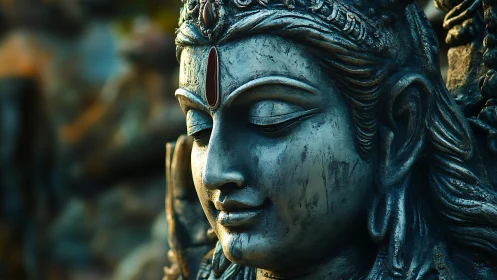 Close-up bronze deity sculpture rendered in warm side light