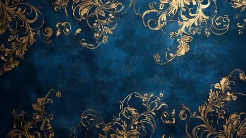 Ornate gold floral scrollwork on rich textured blue background.