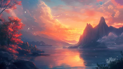 Sunset-lit mountain lake with crimson shoreline foliage.