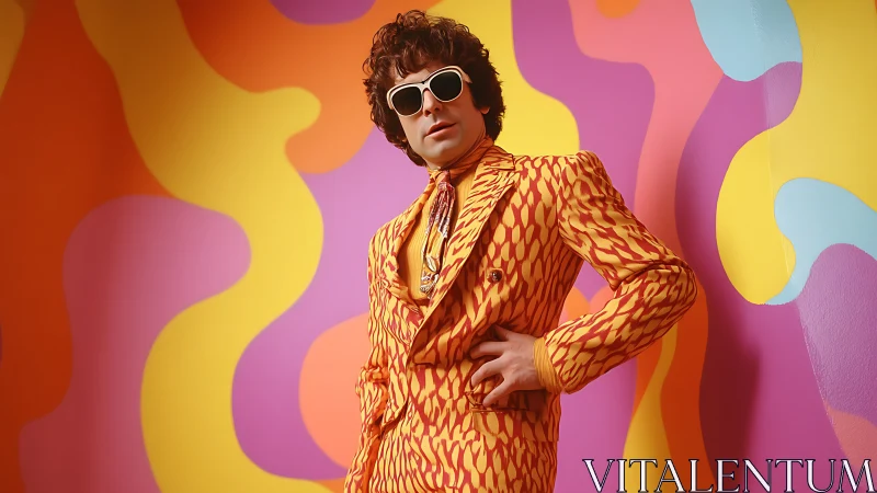 Man in patterned orange suit against retro abstract wall.