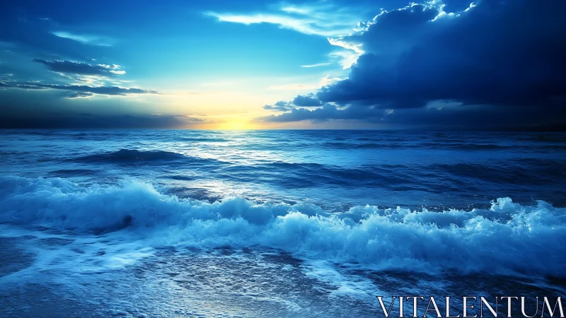 Vibrant seascape sunset with crashing blue shoreline waves.