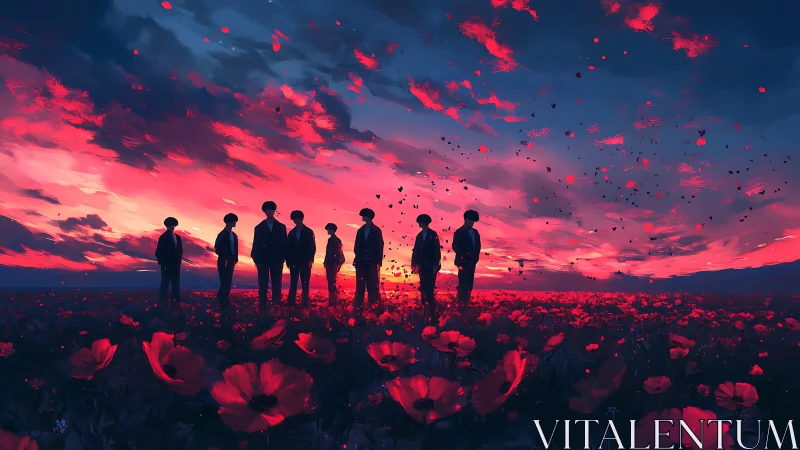 Silhouetted figures in poppy field under red blue sky.