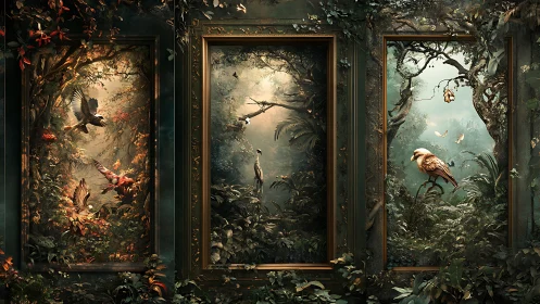 Triptych jungle windows with birds in ornate frames.