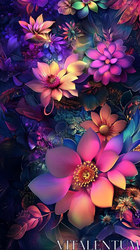 Hyper-saturated neon floral abstraction with layered petals and bokeh