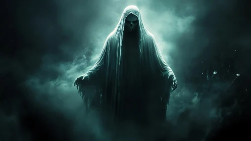 Veiled specter rising through swirling emerald mist.