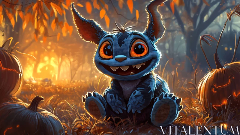 Blue creature among carved pumpkins in autumn forest.