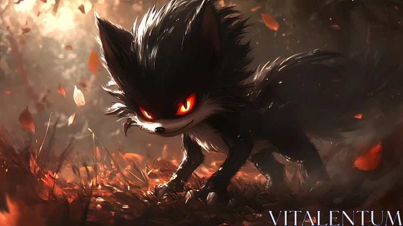 Ember-eyed shadow fox stalks through a storm of sparks.