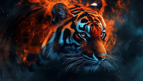 Embercrowned tiger drifting through midnight smoke and sparks.