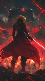 Swordsman confronts towering mech amid swirling red firestorm