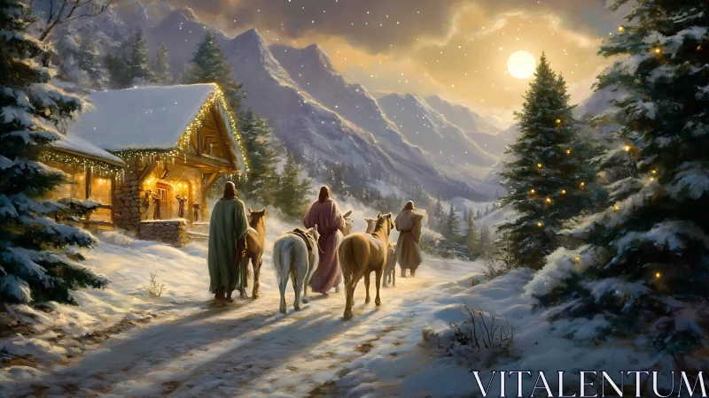 Snowy alpine nativity caravan under moonlit atmospheric depth