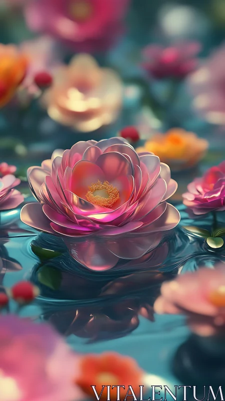 Luminous Pink Water Lotus with Golden Center Floating in Teal Pool.