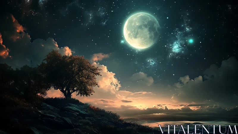 Moonlit tree and ocean dreaming beneath a cosmic lantern.
