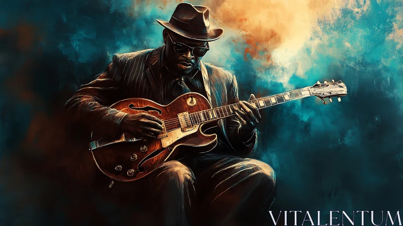 Blues guitarist in fedora with semi-hollow electric under spotlight