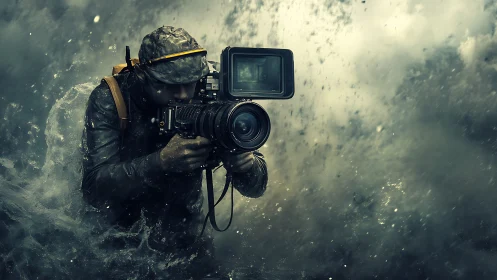 Storm-soaked field cameraman stabilizes cinema rig in crashing surf