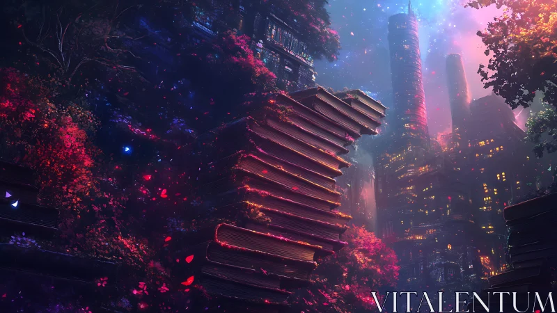 Glow-lit book city bridging dreamy forest and skyline.