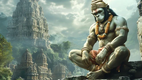 Mythic monkey warrior statue before ornate stone temples.