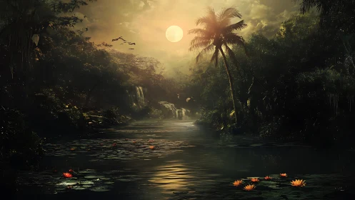 Moonlit jungle river reflects glowing sky and lilies