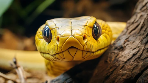 Golden snake gaze meeting yours in a quiet forest moment.