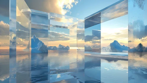 Glass corridors slice arctic seascape under golden sunset sky