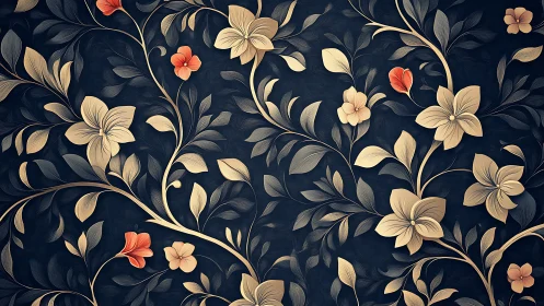 Ornamental Botanical Tessellation: Cream Florals on Navy Ground.