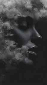 Monochrome portrait with vapor-obscured profile in chiaroscuro style.