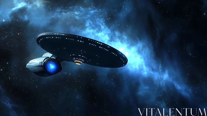 Sleek starship cruising beside bright blue cosmic nebula.