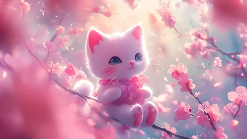 Luminescent Feline Character Amid Blooming Flora Composite.