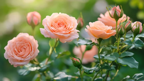 Peach-pink roses in full bloom with buds on green foliage