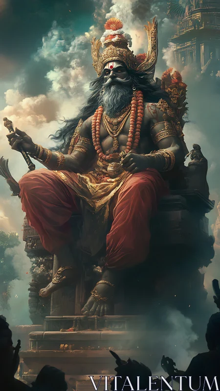Majestic warrior deity seated above celestial clouds.
