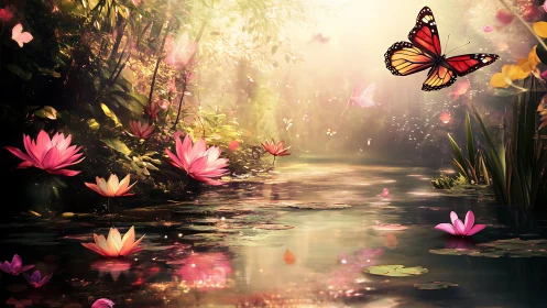 Butterfly above lily pond in dense, softly lit forest setting.