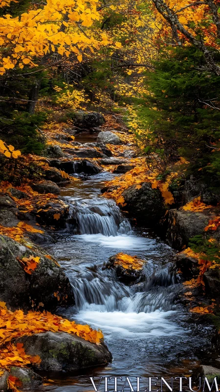 Autumn forest stream cascades through rocks and golden leaves.