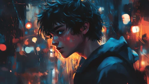 Moody city lights frame a thoughtful night wanderer.