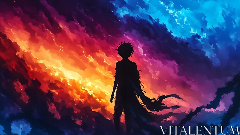 Silhouetted figure against divided red and blue sky gradient.