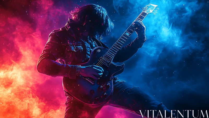 Guitar comet slices through neon fire and electric nebula clouds